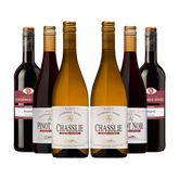 Sechs Qualitätsweinflaschen aus Baden: Zwei goldene Chasslie Weißweine und vier dunkle Rotweine (Pinot Noir, Regent) vom Laufener Altenberg. Eine ansprechende Auswahl.