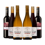 Sechs Qualitätsweinflaschen aus Baden: Zwei goldene Chasslie Weißweine und vier dunkle Rotweine (Pinot Noir, Regent) vom Laufener Altenberg. Eine ansprechende Auswahl.