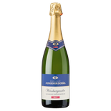 Eine hochwertige Flasche Auggener Schäf Weissburgunder Sekt Brut, hergestellt im Verfahren der klassischen Flaschengärung. Die grüne Glasflasche besitzt eine glänzende goldene Kapsel und ein dunkelblau-weißes Etikett mit den Produktinformationen und dem Brut-Hinweis.