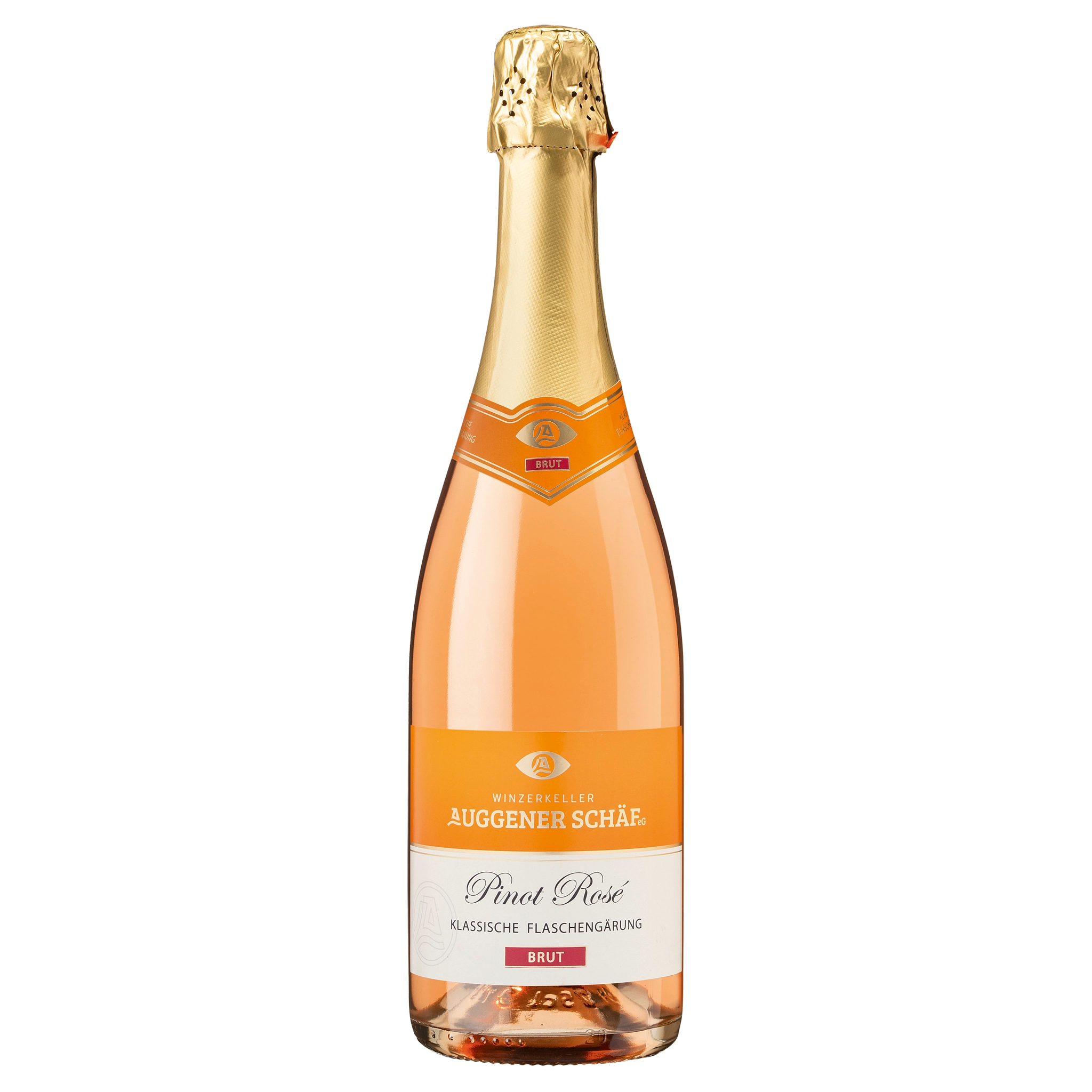 EEine elegante Flasche Winzerkeller Auggener Schäf Pinot Rosé Brut Sekt, hergestellt in klassischer Flaschengärung, mit goldener Kapsel und zart lachsfarbenem Inhalt, bereit zum Genuss.
