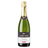 Eine elegant grüne Flasche Winzerkeller Auggener Schäf Crémant Brut, mit klassischer Flaschengärung. Sie zeigt eine glänzende goldene Folie am Hals und detaillierte schwarze sowie weiße Etiketten für festliche Anlässe.