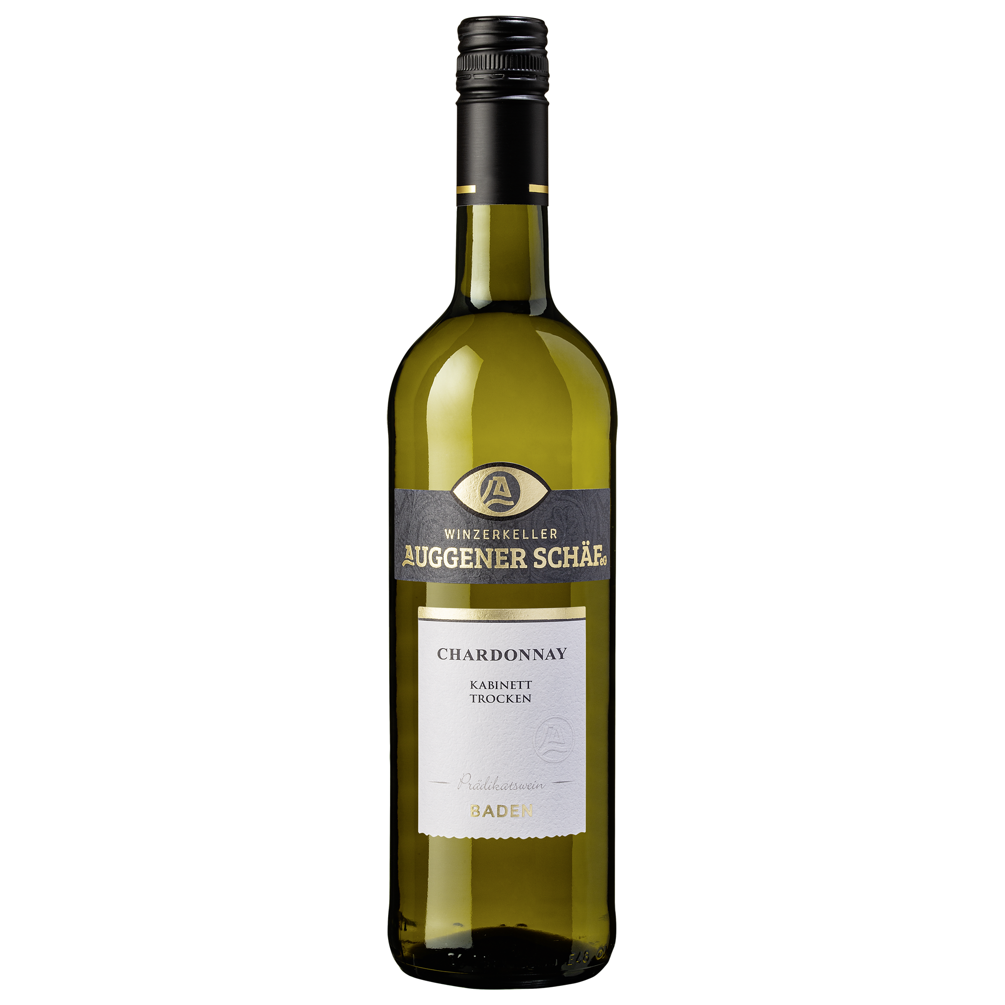 Grüne Weinflasche des Winzerkeller Auggener Schäf Chardonnay Kabinett Trocken aus Baden. Das elegante Etikett zeigt goldene Details und den Namen des Prädikatsweins, perfekt für Online-Shops und Weinliebhaber.