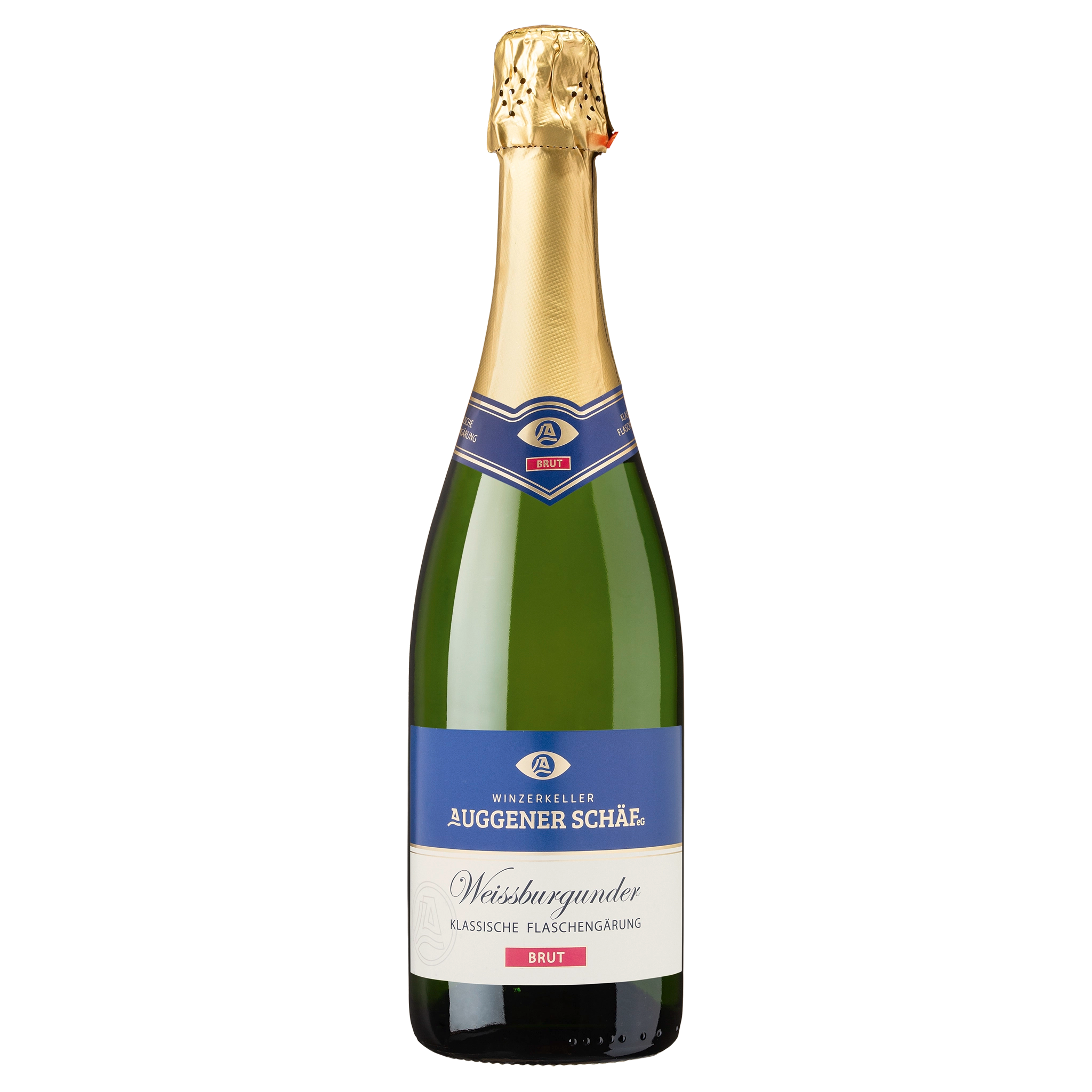 Eine hochwertige Flasche Auggener Schäf Weissburgunder Sekt Brut, hergestellt im Verfahren der klassischen Flaschengärung. Die grüne Glasflasche besitzt eine glänzende goldene Kapsel und ein dunkelblau-weißes Etikett mit den Produktinformationen und dem Brut-Hinweis.