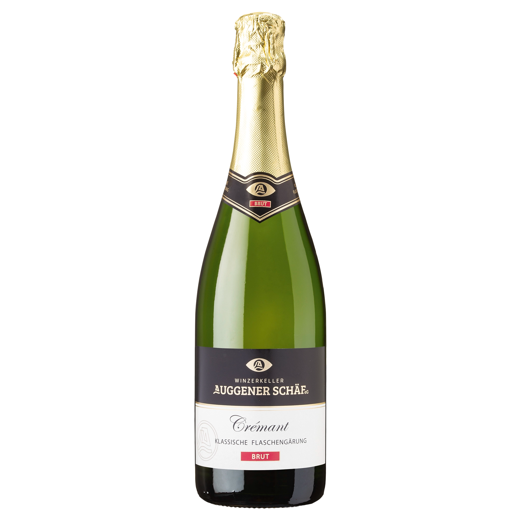 Eine elegant grüne Flasche Winzerkeller Auggener Schäf Crémant Brut, mit klassischer Flaschengärung. Sie zeigt eine glänzende goldene Folie am Hals und detaillierte schwarze sowie weiße Etiketten für festliche Anlässe.